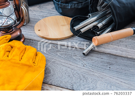 Camping equipment outdoor equipment close-up wood grain table background material Camping equipment outdoor equipment close-up wood grain table background material 76203337