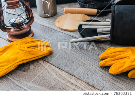 Camping equipment outdoor equipment close-up wood grain table background material 76203351