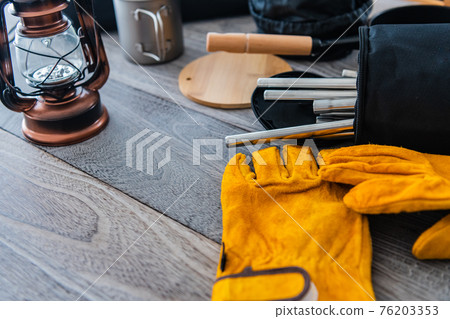Camping equipment outdoor equipment close-up wood grain table background material 76203353