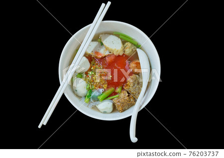 Die cut Noodles with Yentafo Sauce on black isolated 76203737
