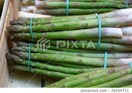 Heap of fresh green asparagus shoots close up 76204751