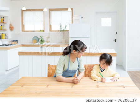 Kids and moms studying in the living room 76206137