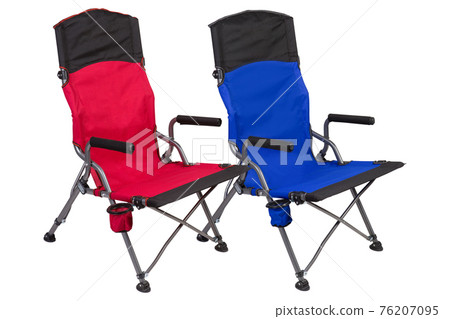 two armchairs, red and blue, for camping or for fishing, stand nearby, on a white background, concept two armchairs, red and blue, for camping or for fishing, stand nearby, on a white background, concept 76207095