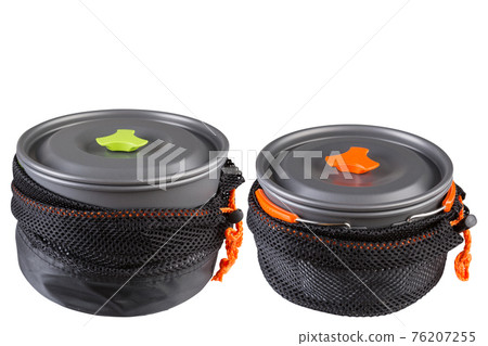 two sets of metal utensils for camping, on a white background, sets are collected in a pan, in covers made of mesh fabric, horizontal arrangement 76207255
