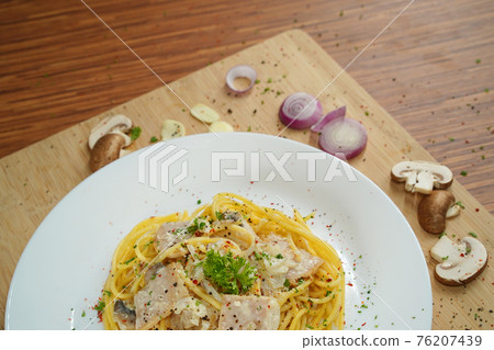 top view of spaghetti carbonara lunch dinner meal top view of spaghetti carbonara lunch dinner meal 76207439