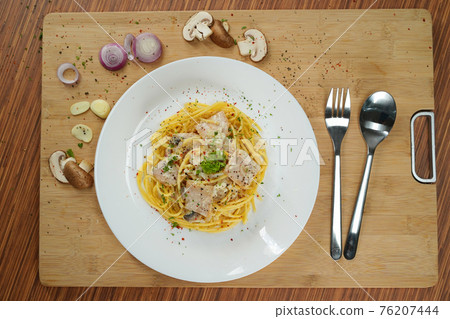 top view of spaghetti carbonara lunch dinner meal top view of spaghetti carbonara lunch dinner meal 76207444