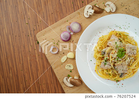 top view of spaghetti carbonara lunch dinner meal top view of spaghetti carbonara lunch dinner meal 76207524