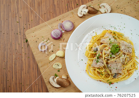top view of spaghetti carbonara lunch dinner meal top view of spaghetti carbonara lunch dinner meal 76207525