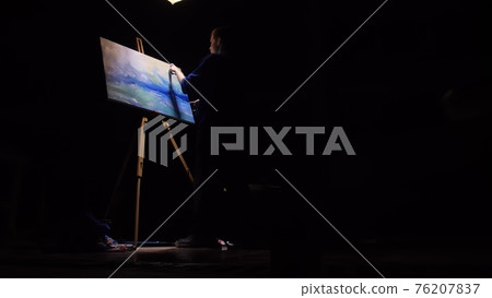 Artist copyist paint seascape with ship in ocean. Craftsman decorator draw as boat sail on blue sea. Black background. Wide angle shot. Artist copyist paint seascape with ship in ocean. Craftsman decorator draw as boat sail on blue sea. Black background. Wide angle shot. 76207837