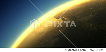 Section of the earth's surface with orange glowing and dense atmosphere to illustrate global warming Section of the earth's surface with orange glowing and dense atmosphere to illustrate global warming 76208494