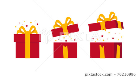 Set of festive gift box, red box wrap and yellow ribbon, closed and open with bright confetti 76210996