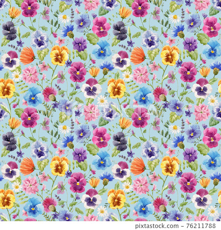 Beautiful vector seamless floral pattern with watercolor gentle colorful summer pansy flowers. Stock illustration. 76211788