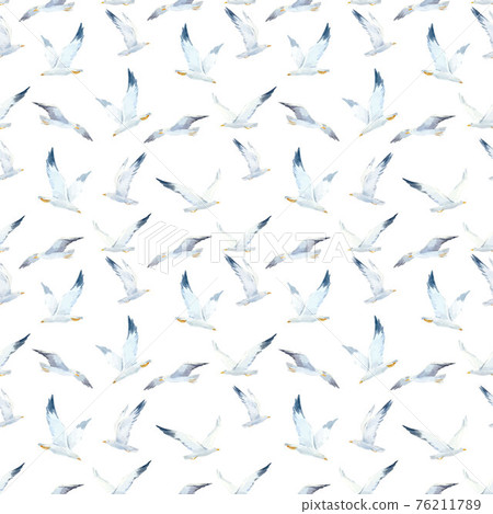 Beautiful vector seamless pattern with cute watercolor seagulls. Stock illustration. 76211789