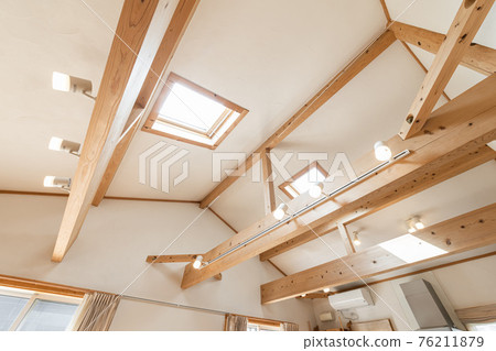 Living room in a house where the sun shines through the skylight 76211879