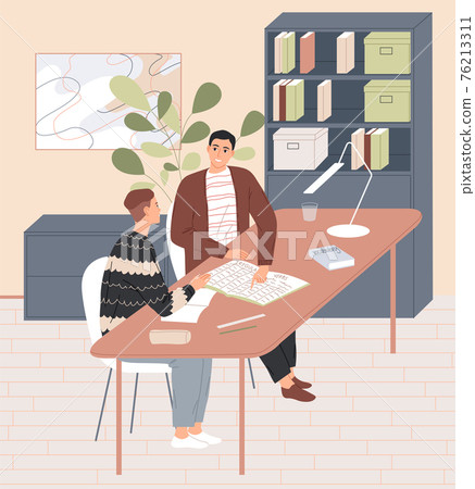 Teacher and pupil are sitting at the table. Individual lesson. Teacher and pupil are sitting at the table. Individual lesson. 76213311