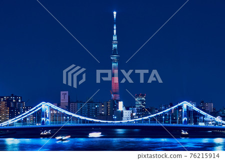 Night view of Kiyosu Bridge and Tokyo Sky Tree over the Sumida River Night view of Kiyosu Bridge and Tokyo Sky Tree over the Sumida River 76215914