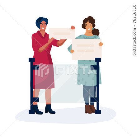 Meeting from travel. Women meet returning plane passengers in airport. People holding square banners with travelers' names. Females waiting for arrival of aircraft. Vector illustration Meeting from travel. Women meet returning plane passengers in airport. People holding square banners with travelers' names. Females waiting for arrival of aircraft. Vector illustration 76216510