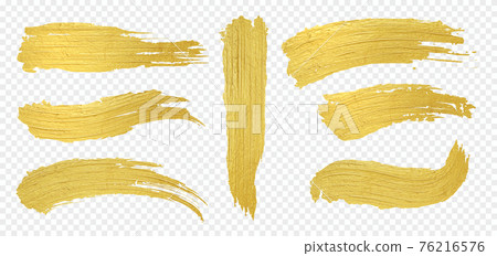 Golden brush. Realistic paint strokes, luxury gold smears on transparent background. Decorative templates for labels and stickers. Yellow brushstrokes set. Vector shimmery textures Golden brush. Realistic paint strokes, luxury gold smears on transparent background. Decorative templates for labels and stickers. Yellow brushstrokes set. Vector shimmery textures 76216576