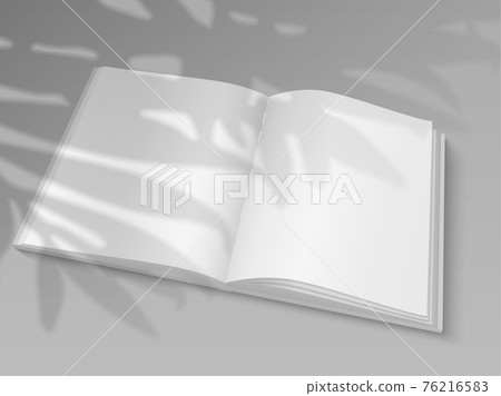 Opened book. Realistic blank magazine with shadow overlay effect. 3D copybook sheets template. Empty paper notepad pages with copy space. Shade of plant leaves. Vector textbook mockup Opened book. Realistic blank magazine with shadow overlay effect. 3D copybook sheets template. Empty paper notepad pages with copy space. Shade of plant leaves. Vector textbook mockup 76216583