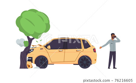 Car accident. Automobile crashes into tree. Man talking on smartphone. Angry driver calling tow truck. Broken vehicle with damaged hood. Vector collision of transport with plant trunk Car accident. Automobile crashes into tree. Man talking on smartphone. Angry driver calling tow truck. Broken vehicle with damaged hood. Vector collision of transport with plant trunk 76216605