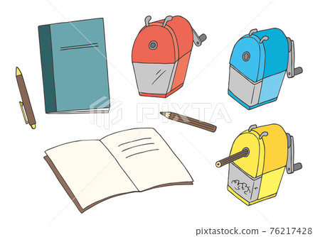 Hand-drawn illustrations of notebooks and pencil sharpeners (color) 76217428