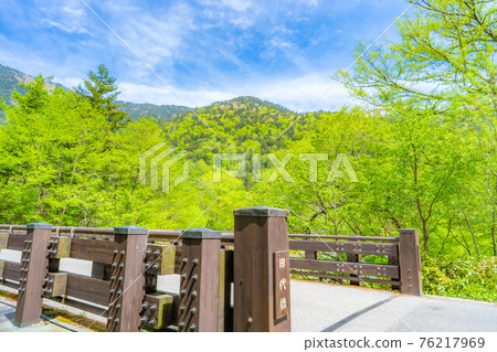 初夏的上高地梓川和田代橋[長野縣] 76217969