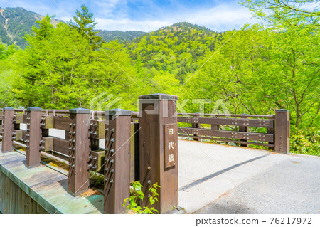 初夏的上高地梓川和田代橋[長野縣] 76217972