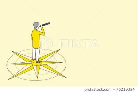 Businessman looking through a telescope, background of compass and arrow, vector illustration 76219384