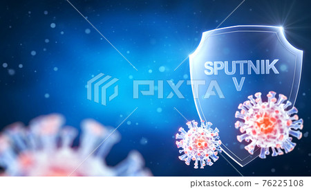 COVID-19 virus cell under the microscope. Coronavirus attacks shield sputnik v. Coronavirus concept 3D rendering COVID-19 virus cell under the microscope. Coronavirus attacks shield sputnik v. Coronavirus concept 3D rendering 76225108