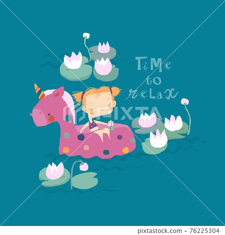 Little cute girl is relaxing in a big swimming circle in the form of unicorn Little cute girl is relaxing in a big swimming circle in the form of unicorn 76225304