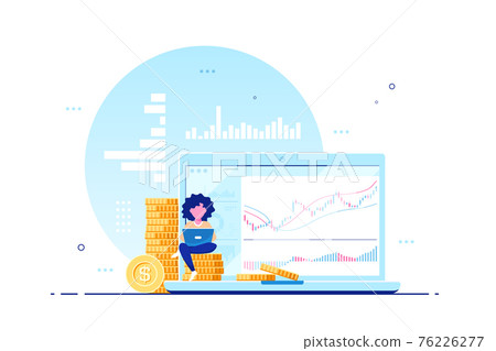 Young woman with laptop against computer screen and stacks of coins Young woman with laptop against computer screen and stacks of coins 76226277