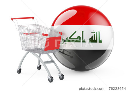 Shopping cart with Iraqi flag. Shopping in Iraq concept. 3D rendering 76228654