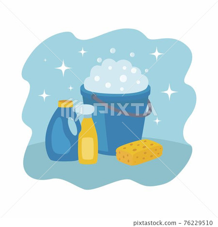 A set of cleaning products. Illustration with blue plastic bucket, sponge and detergents. 76229510