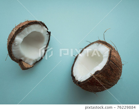 Coconut tree fruit coconut split into two halves isolated on blue background 76229884