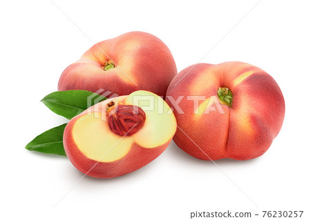 Ripe chinese flat peach fruit with leaf isolated on white background with clipping path and full depth of field 76230257