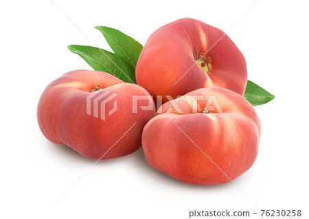 Ripe chinese flat peach fruit with leaf isolated on white background with clipping path and full depth of field 76230258