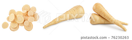 Parsnip root and slices with parsley isolated on white background closeup, Set or collection Parsnip root and slices with parsley isolated on white background closeup, Set or collection 76230263