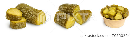 Marinated pickled cucumber isolated on white background with full depth of field. Set or collection Marinated pickled cucumber isolated on white background with full depth of field. Set or collection 76230264