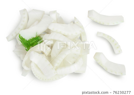 fresh fennel bulb slices isolated on white background with clipping path. Top view. Flat lay fresh fennel bulb slices isolated on white background with clipping path. Top view. Flat lay 76230277