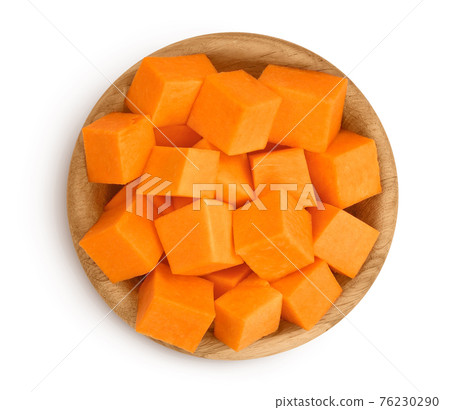 butternut squash slice in wooden bowl isolated on white background with clipping path and full depth of field. Top view. Flat lay butternut squash slice in wooden bowl isolated on white background with clipping path and full depth of field. Top view. Flat lay 76230290