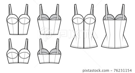 Set of Denim corset tops bustier technical fashion illustration with basque, thin straps, zip-up closure, fitted body. Set of Denim corset tops bustier technical fashion illustration with basque, thin straps, zip-up closure, fitted body. 76231154
