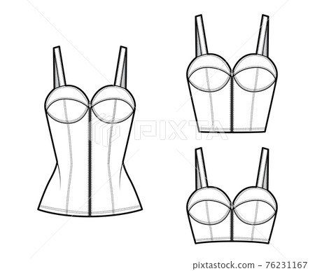 Set of Denim corset tops bustier technical fashion illustration with basque, thin straps, zip-up closure, fitted body. Set of Denim corset tops bustier technical fashion illustration with basque, thin straps, zip-up closure, fitted body. 76231167