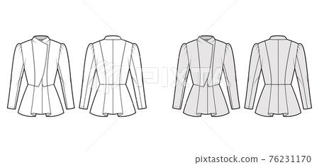 Peplum hem jacket technical fashion illustration with fitted body, long gigot sleeves, wrap collar opening. Flat coat Peplum hem jacket technical fashion illustration with fitted body, long gigot sleeves, wrap collar opening. Flat coat 76231170