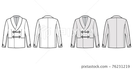 Smoking jacket technical fashion illustration with double breasted, long sleeves, shawl collar, besom pockets. Flat 76231219