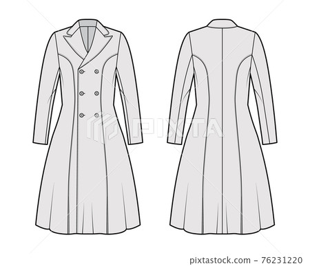 Princess line coat technical fashion illustration with double breasted, fitted body, peak lapel collar, knee length Princess line coat technical fashion illustration with double breasted, fitted body, peak lapel collar, knee length 76231220