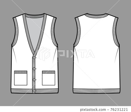 Cardigan vest sweater waistcoat technical fashion illustration with sleeveless, rib V-neckline, button closure, pockets Cardigan vest sweater waistcoat technical fashion illustration with sleeveless, rib V-neckline, button closure, pockets 76231221