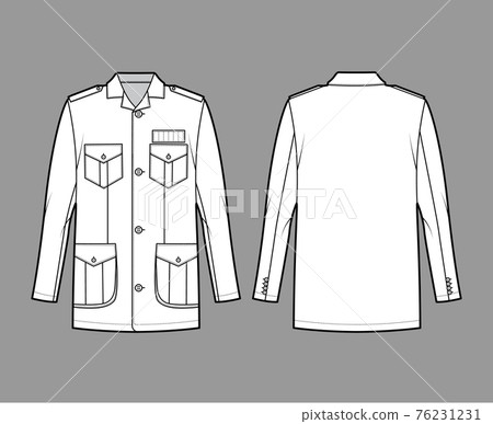 Safari jacket technical fashion illustration with oversized, open collar, long sleeve, flap pockets, buttons, epaulettes 76231231