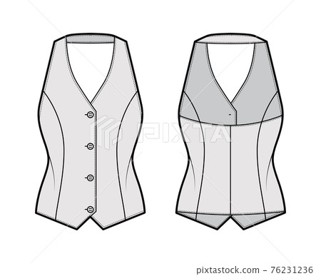 Halter vest pique waistcoat technical fashion illustration with backless, V-neckline, button-up closure, slim fit. Flat Halter vest pique waistcoat technical fashion illustration with backless, V-neckline, button-up closure, slim fit. Flat 76231236