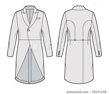 Morning coat jacket technical fashion illustration with long sleeves, peaked lapel collar, cutaway front, welt pocket. Morning coat jacket technical fashion illustration with long sleeves, peaked lapel collar, cutaway front, welt pocket. 76231256