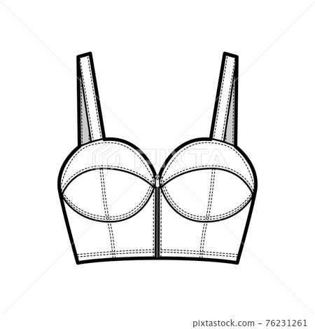 Denim bustier top technical fashion illustration with thin straps, zip-up closure, cups, slim fit, crop length bra 76231261